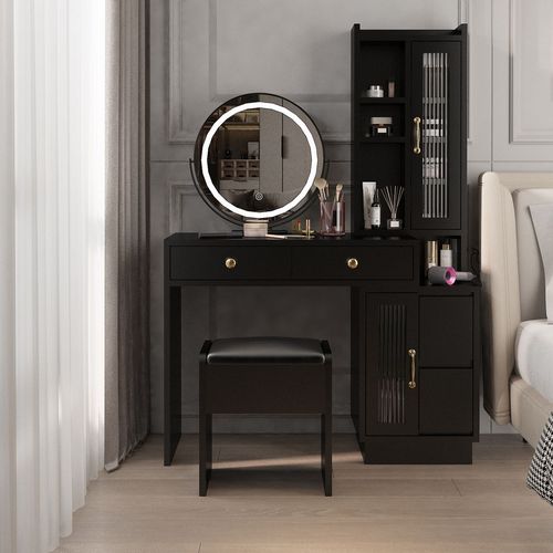 Elegant LED Makeup Vanity Set with Retractable Table & Stylish Side Cabinet