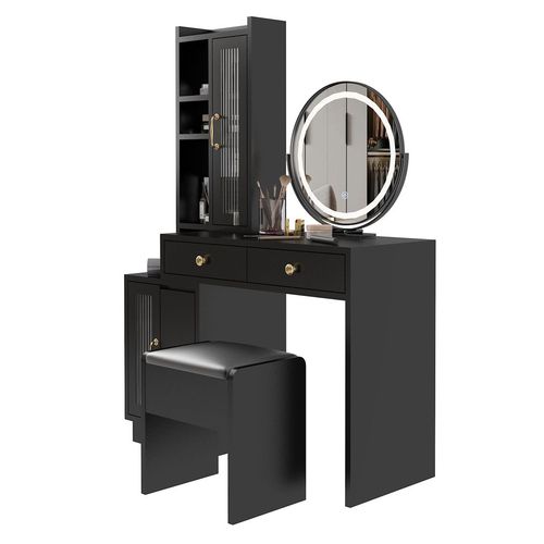 Elegant LED Makeup Vanity Set with Retractable Table & Stylish Side Cabinet