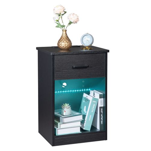 FCH Modern LED Bedside Table with Drawer & Socket - Stylish Black Nightstand