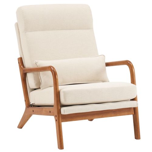 Chic Off-White High Back Linen Armchair with Solid Wood & Iron Frame