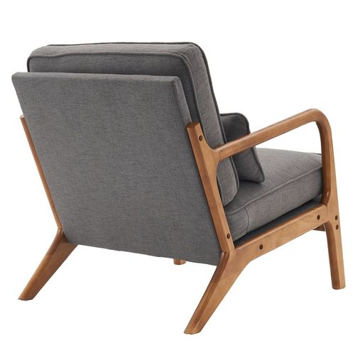 Mid-Century Modern Dark Grey Upholstered Oak Armrest Lounge Chair