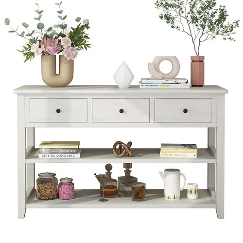 Antique White Console Table with 3 Drawers & 2 Shelves – Rustic Elegance