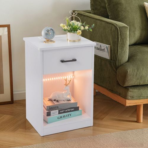 Elegant LED Light Bedside Table with USB & Wireless Charging - White Finish