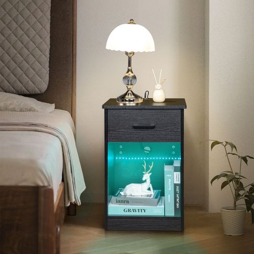 FCH Modern LED Bedside Table with Drawer & Socket - Stylish Black Nightstand