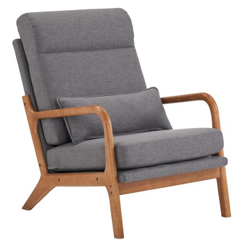 Mid-Century Modern Dark Grey Linen Chair - Solid Wood & Iron Frame Comfort