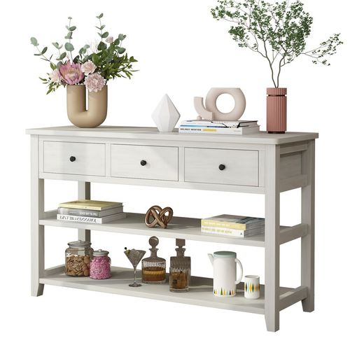 Antique White Console Table with 3 Drawers & 2 Shelves – Rustic Elegance