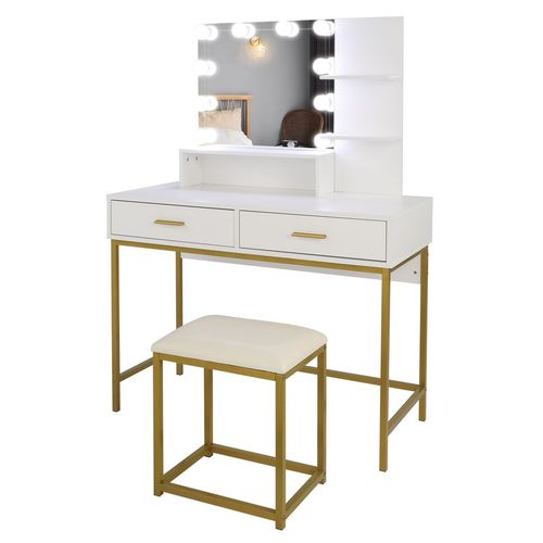 Illuminated Hollywood Vanity Set with LED Mirror, Stool & Ample Storage - White