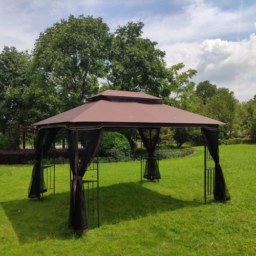 Spacious 13x10 Outdoor Gazebo Canopy with Mesh Netting & Double Roof - Brown