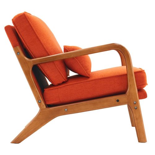 Mid-Century Modern Burnt Orange Upholstered Lounge Chair with Oak Armrests