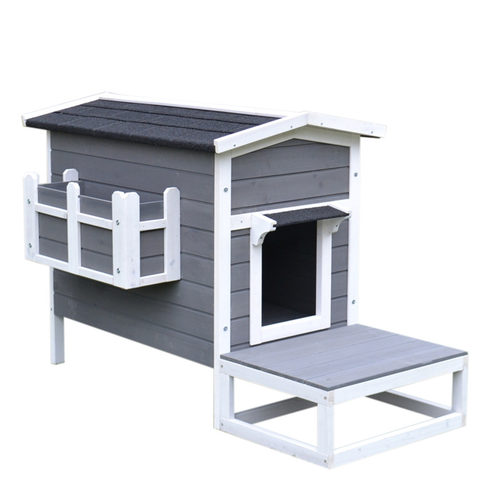 Charming Wooden Cat House with Porch & Balcony - Perfect Outdoor Shelter