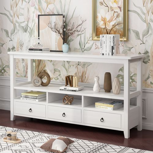 Charming 3-Tier Vintage Console Table with Drawers & Shelves - White Finish