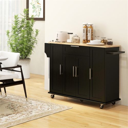 Elegant Black Kitchen Cart with Storage - Modern Rolling Island Cabinet