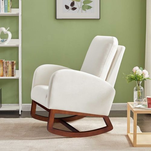 Elegant Beige Flannelette Rocking Chair with Removable Cushions and Side Pocket