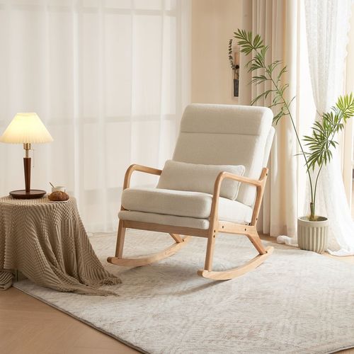 Modern Ergonomic Off-White Teddy Fleece Rocking Chair with Solid Wood Frame