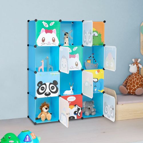 Kids' Animal Patterned Rubik's Cube Wardrobe with 12 Grids & Hanging Rods