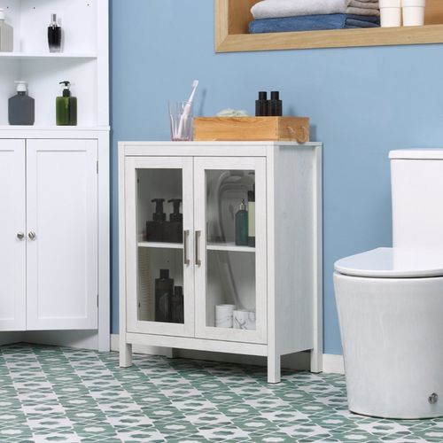 Modern White Bathroom Storage Cabinet with Adjustable Shelves & Glass Doors