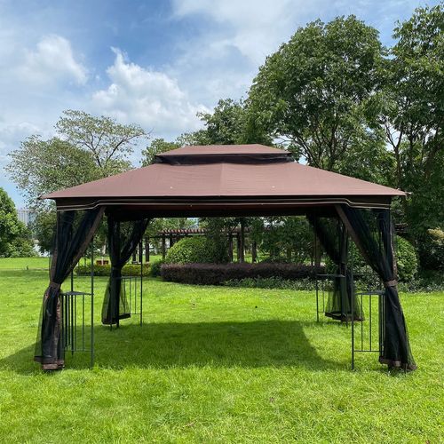 Spacious 13x10 Outdoor Gazebo Canopy with Mesh Netting & Double Roof - Brown