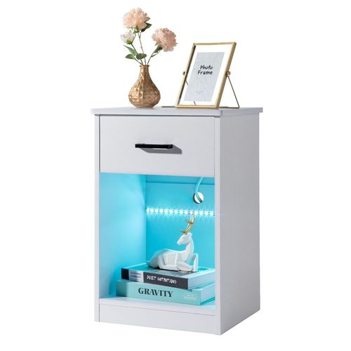 Elegant LED Light Bedside Table with USB & Wireless Charging - White Finish