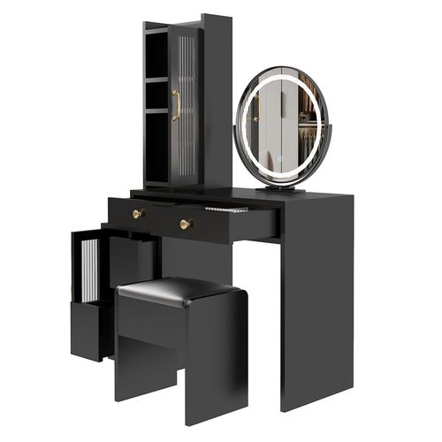 Elegant LED Makeup Vanity Set with Retractable Table & Stylish Side Cabinet