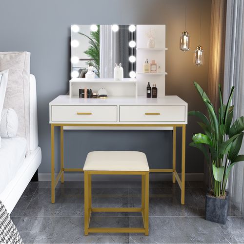 Illuminated Hollywood Vanity Set with LED Mirror, Stool & Ample Storage - White