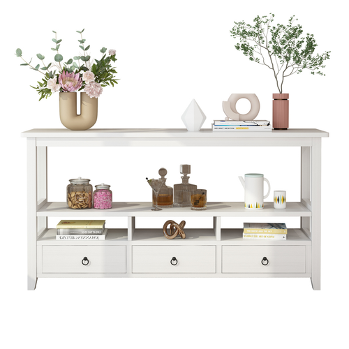 Charming 3-Tier Vintage Console Table with Drawers & Shelves - White Finish