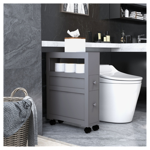 Stylish Gray Bathroom Side Storage Cabinet with Rolling Casters