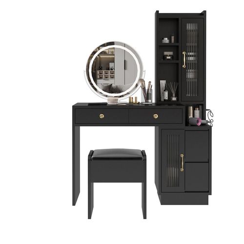 Elegant LED Makeup Vanity Set with Retractable Table & Stylish Side Cabinet