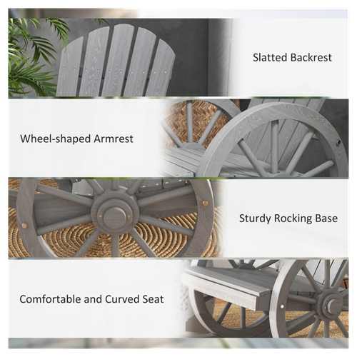 Cozy Gray Garden Rocking Chair with Unique Wagon Wheel Armrests