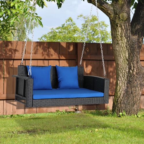 Stylish 49in Black Rattan Swing Chair with Comfortable Blue Cushions