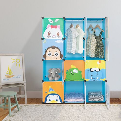 Kids' Animal Patterned Rubik's Cube Wardrobe with 12 Grids & Hanging Rods