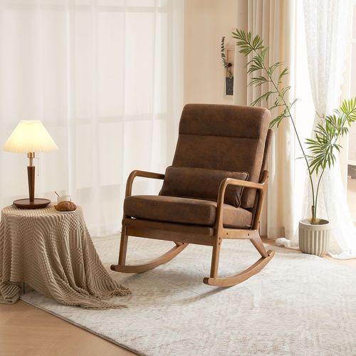 Ergonomic Solid Wood Indoor Rocking Chair with Orange Bronzing Cloth Accent