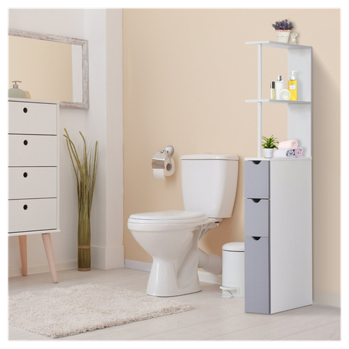 Modern Slim Bathroom Storage Cabinet with Shelves & Drawers - White MDF