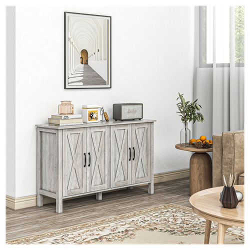 Rustic Gray Buffet Cabinet with Barn Doors & Ample Storage Space