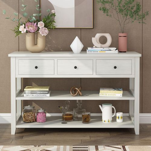 Antique White Console Table with 3 Drawers & 2 Shelves – Rustic Elegance