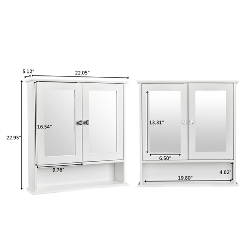 Space-Saving Double Door Mirror Bathroom Cabinet - White Wall-Mounted Shelf