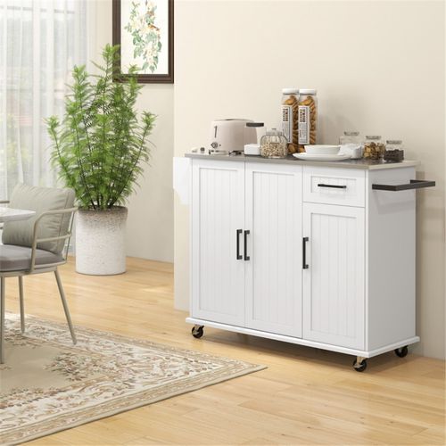 Elegant White Kitchen Cart & Storage Cabinet - Modern & Mobile Solution