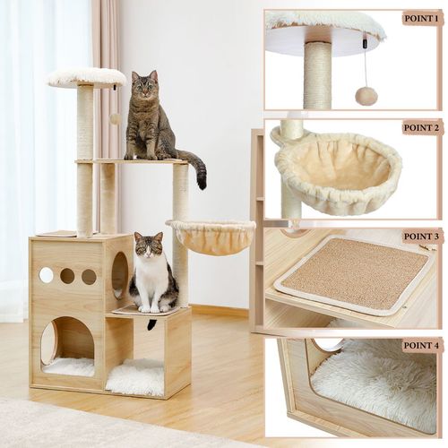 Elegant Cat Castle: Multi-Level Wooden Cat Tree with Cozy Condos & Hammock