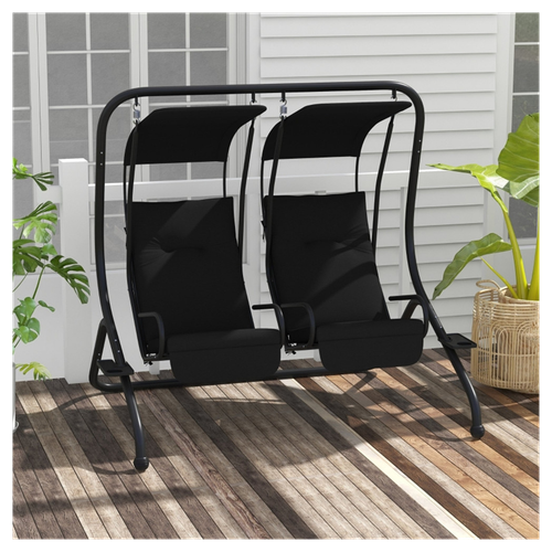 Elegant Black 2-Seater Patio Swing with Canopy and Cup Holders