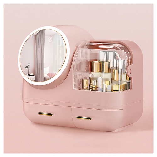 Joybos® LED Makeup Organizer Box: Chic Pink Storage with Illuminated Mirror