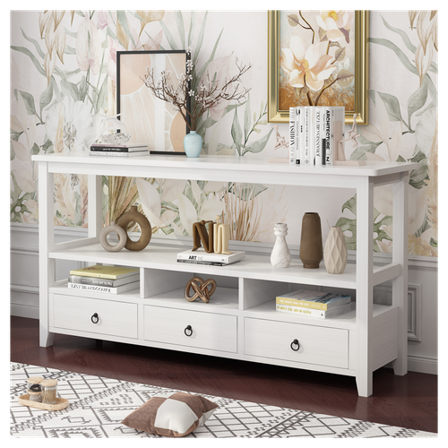 Charming 3-Tier Vintage Console Table with Drawers & Shelves - White Finish