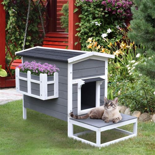 Charming Wooden Cat House with Porch & Balcony - Perfect Outdoor Shelter