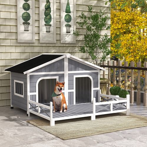 Stylish Gray & White Dog House - Cozy Cabin for Your Furry Friend