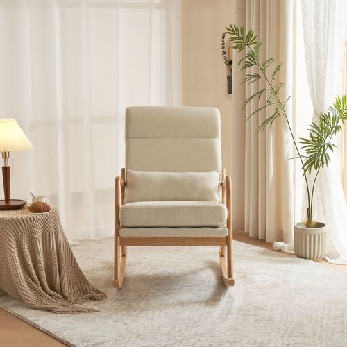 Elegant Off-White High Back Rocking Chair with Dual-Use Armrest & Pillow