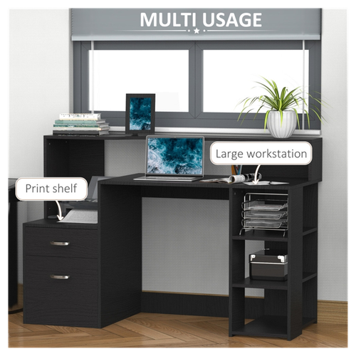 Sleek Black Office Computer Desk with Ample Storage & Space-Saving Design