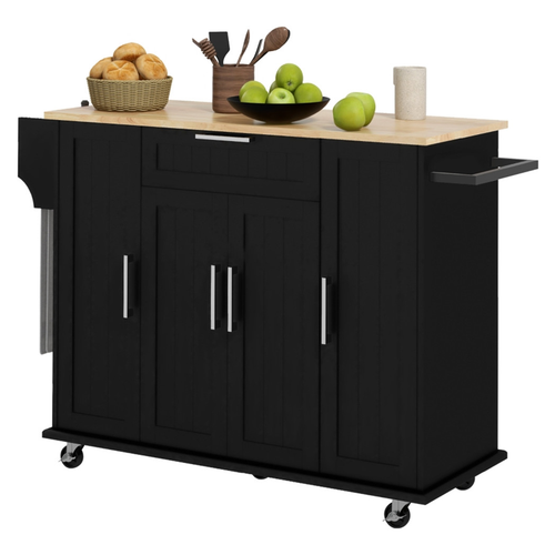 Elegant Black Kitchen Cart with Storage - Modern Rolling Island Cabinet