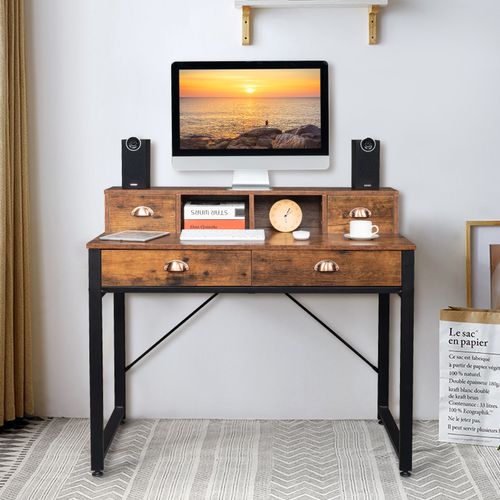 Stylish Old Wood Computer Desk with Black Steel Frame & Ample Storage Drawers