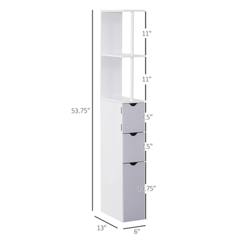 Modern Slim Bathroom Storage Cabinet with Shelves & Drawers - White MDF