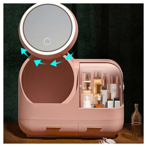 Joybos® LED Makeup Organizer Box: Chic Pink Storage with Illuminated Mirror