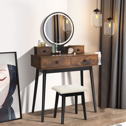 Touchscreen LED Vanity Set with Stool - Rustic Elegance and Smart Storage