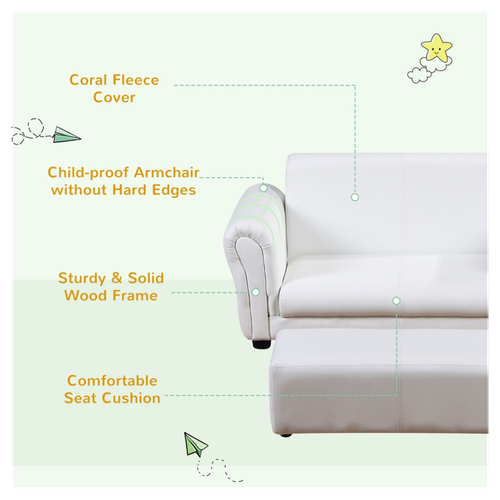 Cozy White Kids Sofa Set with Footstool - Safe & Stylish for Little Ones